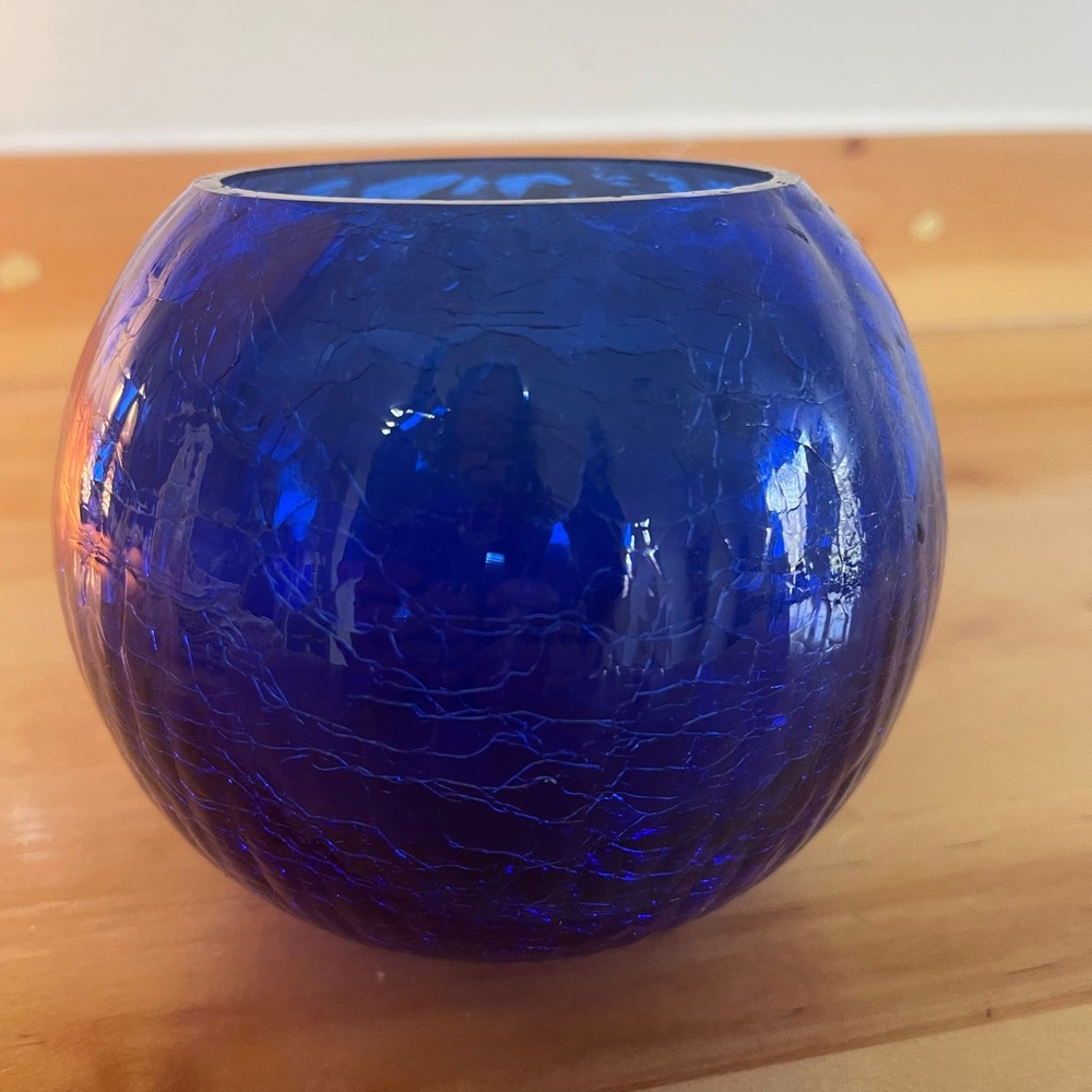 Cobalt Blue Crackle Glass Sphere Vase Orb Decorative Accent‎ Tealight Holder